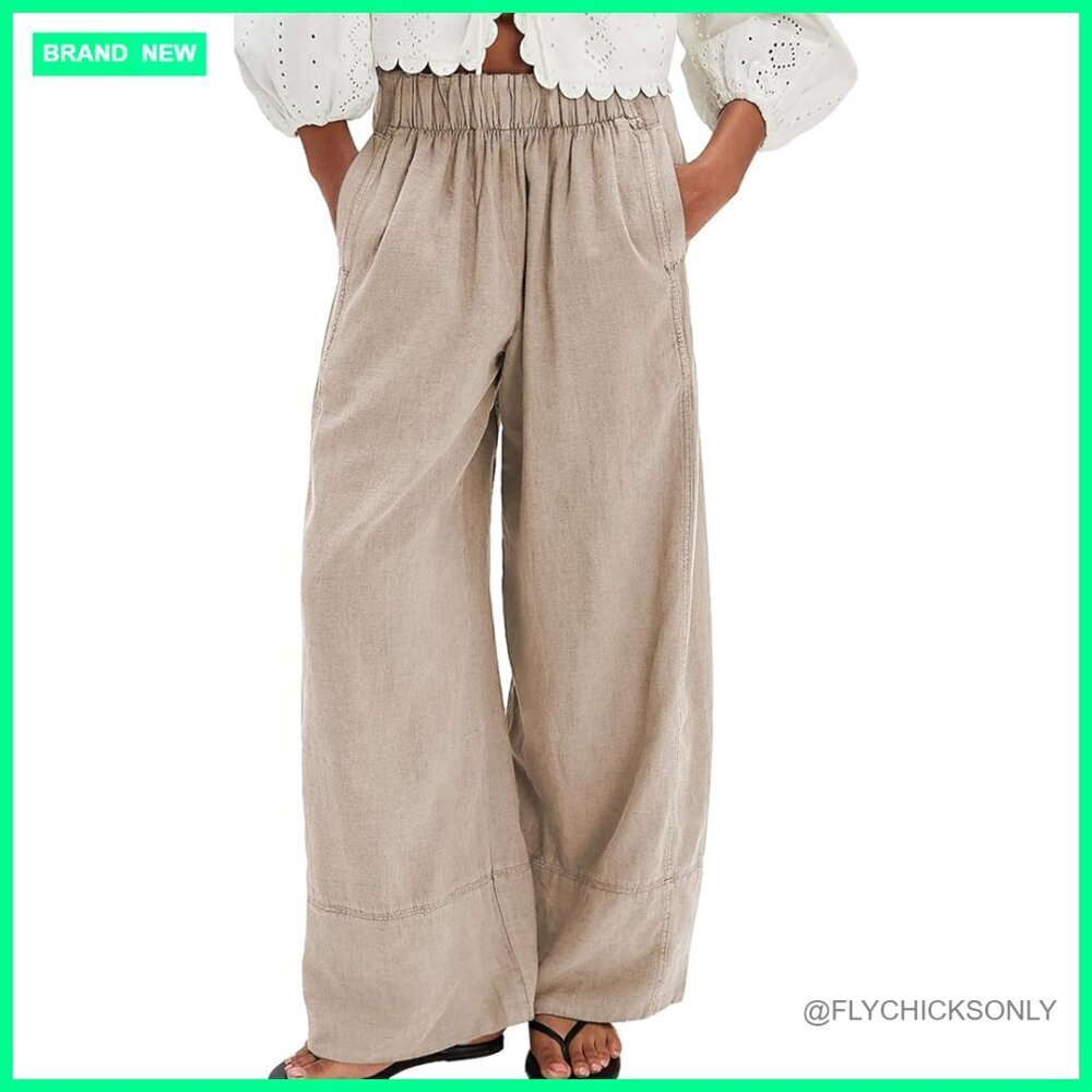Wide Leg Palazzo Pants Cotton Linen Blend Elastic Waist Pockets Casual